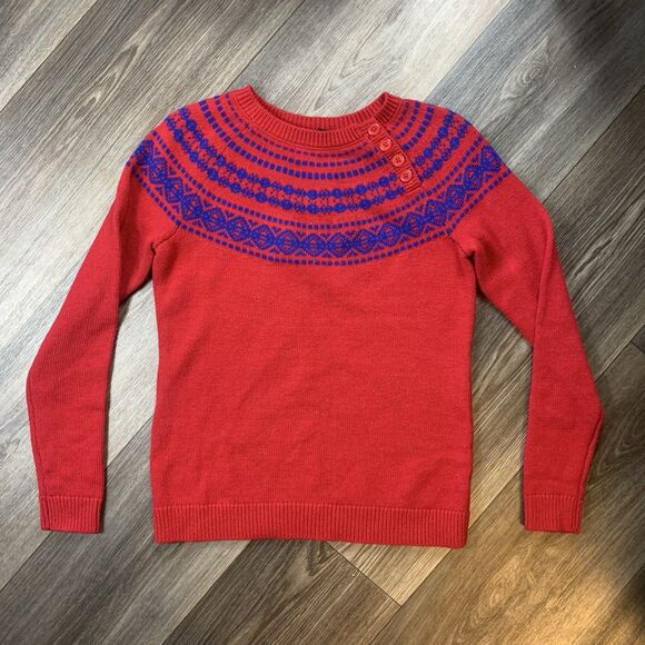 Talbots Sweater Women’s Petite Red Navy Fair Isle Lambswool Blend - Picture 1 of 7